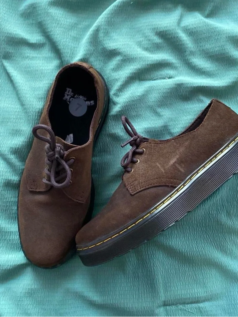 Dr. Martens Brown Suede Oxford lace up Shoes with Yellow Stitching